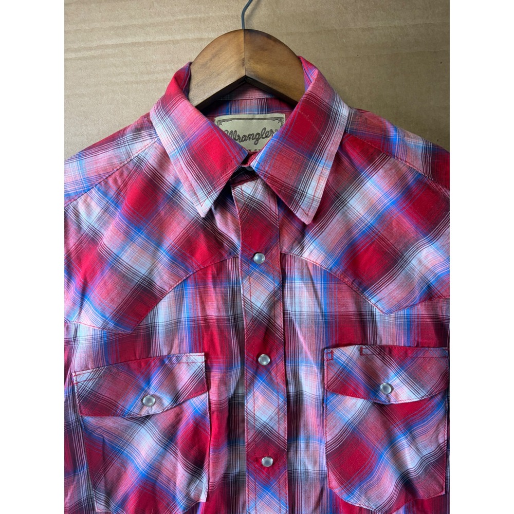 Wrangler Western Shirt Mens Small Red Blue Plaid Pearl Snap Short Sleeve Cotton